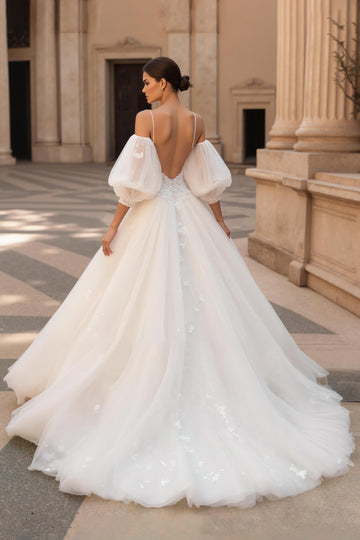 A-Line Ivory Appliqued Wedding Dress With Puff Sleeves